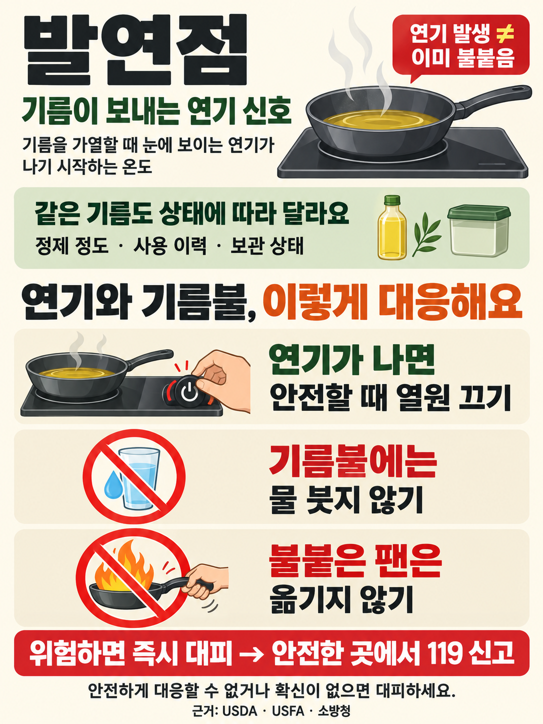 烟点是加热油脂时开始冒出肉眼可见烟雾的温度。冒烟并不意味着油已经着火。油冒烟时，在安全的情况下关掉热源，切勿向油火浇水，也不要移动着火的锅。如有危险，先撤离，再在安全的地方拨打119（韩国紧急电话）报警。
