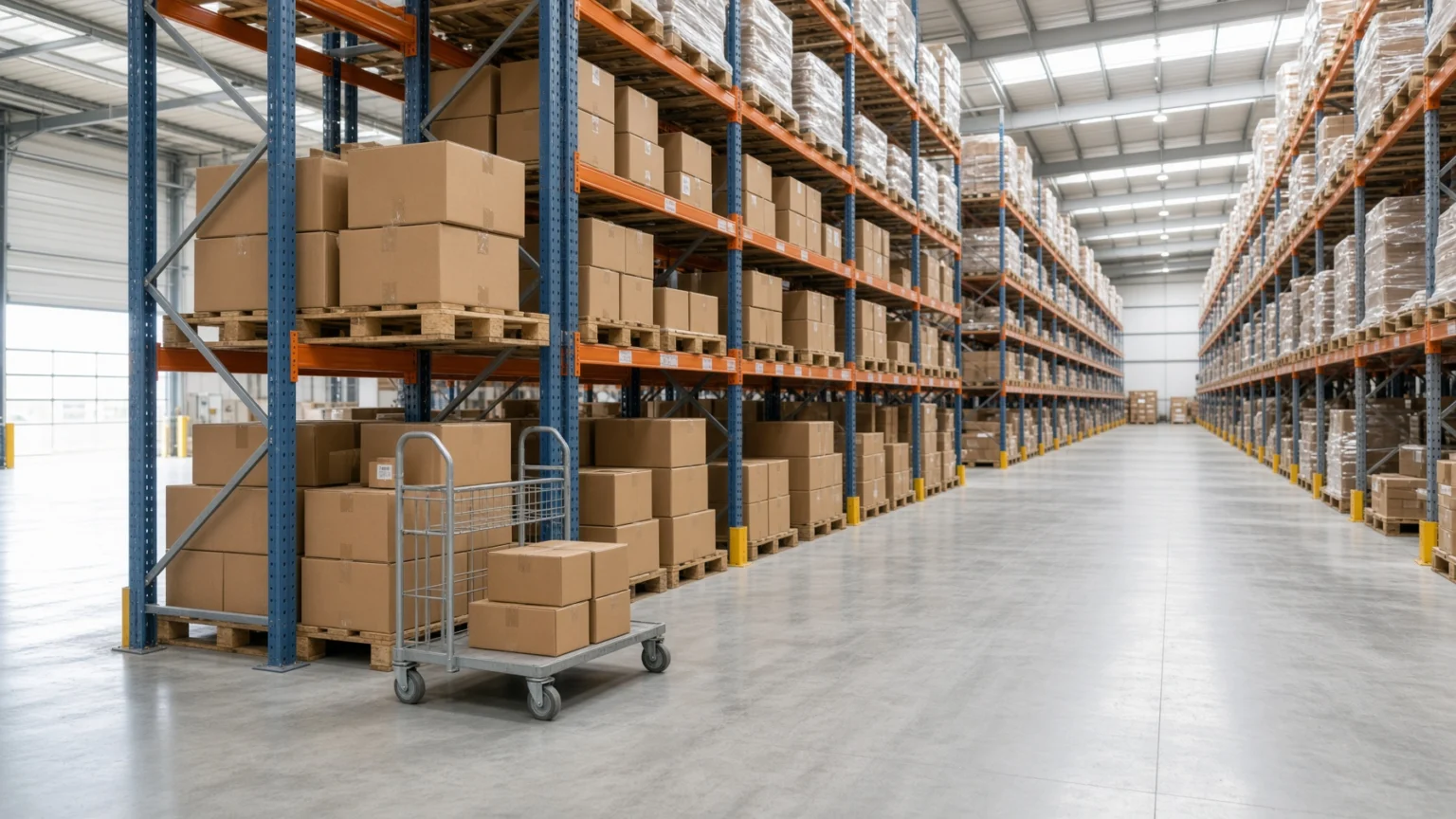 明るい近代的な物流倉庫で、出荷場に近い棚によく使う箱が置かれ、そばにピッキングカートが止まり、奥に高いラックが長く並んでいる様子