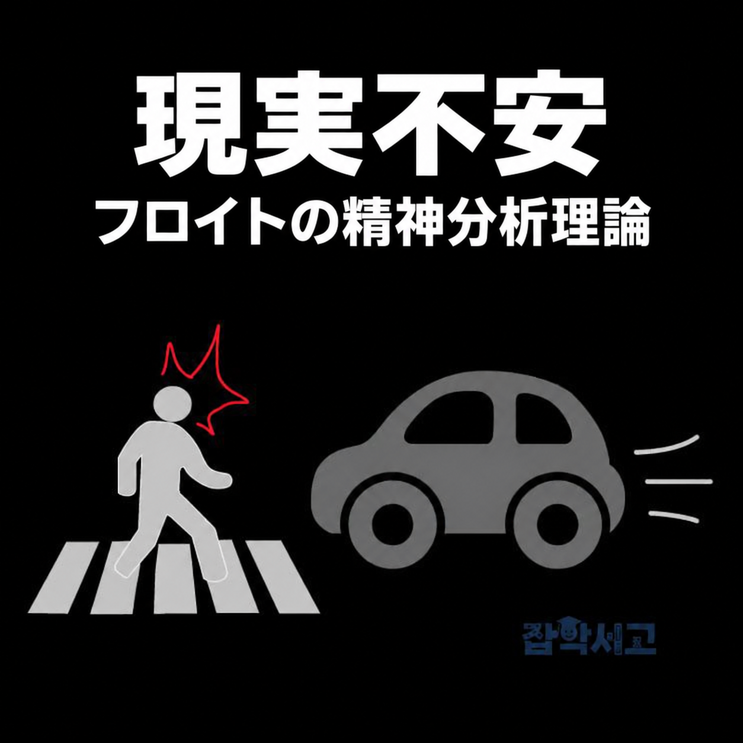 フロイトの精神分析理論における現実不安。歩行者が近づく車の危険を感じる例。歴史的な概念の図示であり、診断ではありません。