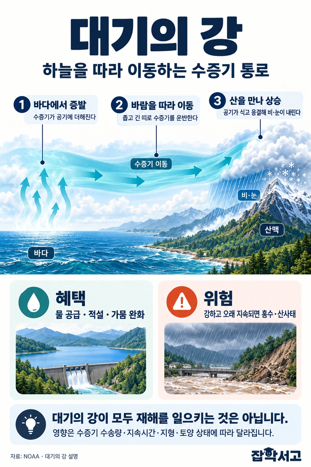 대기의 강 형성 과정: 바다에서 증발한 수증기가 바람을 따라 좁고 긴 띠로 이동하고 산맥에서 상승·냉각·응결해 비와 눈이 내린다. 물 공급과 가뭄 완화에 도움을 주지만 강하고 오래 지속되면 홍수와 산사태 위험이 커진다.