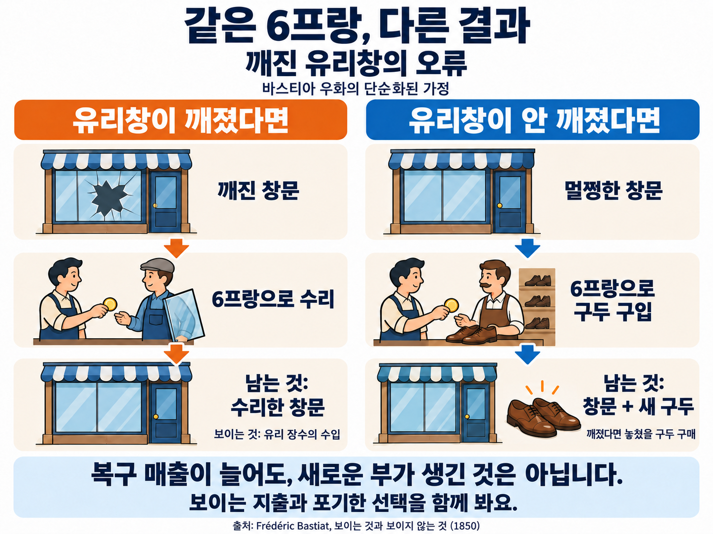 깨진 유리창을 6프랑으로 수리한 경우에는 창문만 남고, 창문이 깨지지 않아 같은 6프랑으로 구두를 샀다면 창문과 새 구두가 함께 남는 두 대안을 비교한 도식. 눈에 보이는 수리 매출과 포기한 구두 구매 기회를 함께 보여 준다.