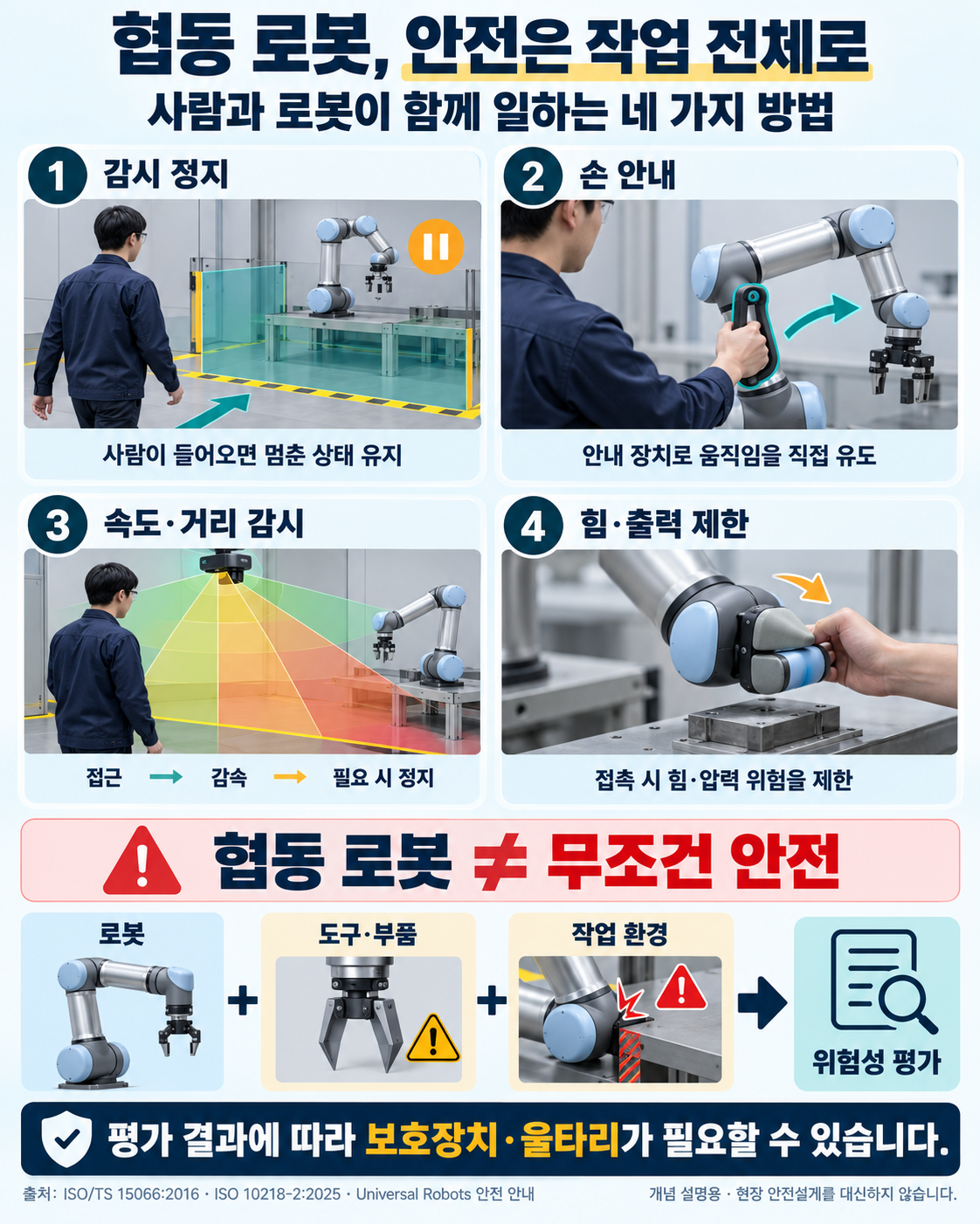 협동 로봇의 감시 정지, 손 안내, 속도·거리 감시, 힘·출력 제한을 비교한 설명도식. 로봇·도구·부품·작업 환경 전체의 위험성 평가가 필요하며 협동 로봇이라고 무조건 안전하거나 울타리가 불필요한 것은 아니다.