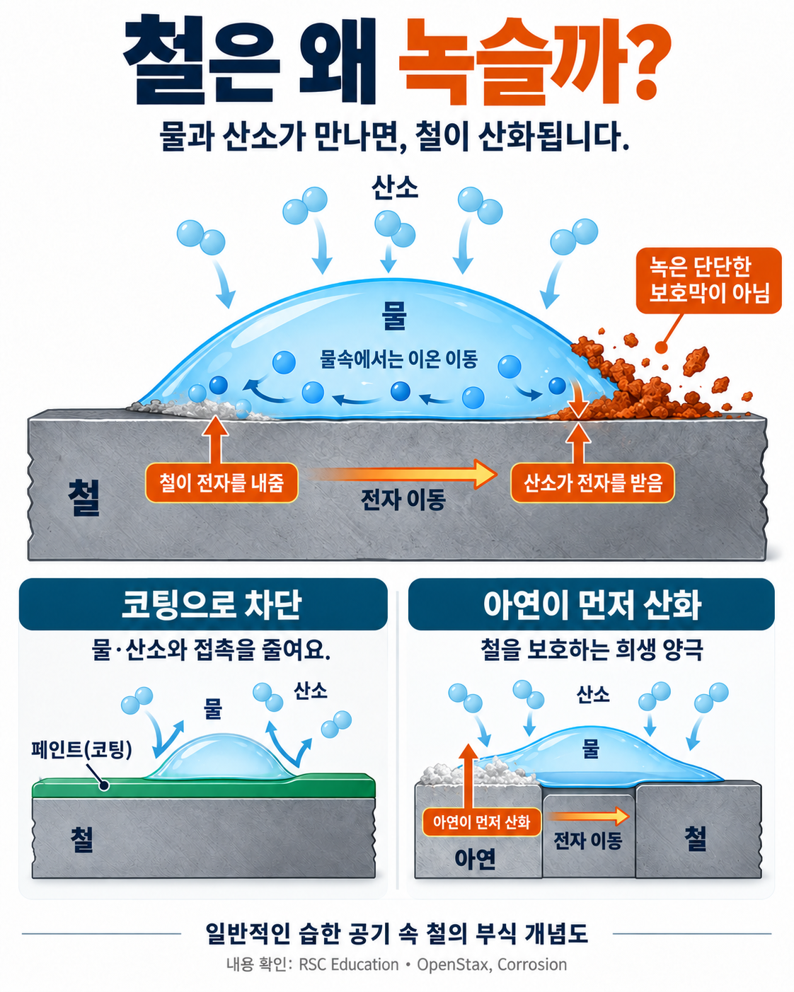 물방울 아래 철이 전자를 내주고 산소가 받는 부식 과정. 전자는 금속 안에서, 이온은 물속에서 이동하며, 코팅은 물과 산소를 차단하고 아연은 먼저 산화해 철을 보호한다.