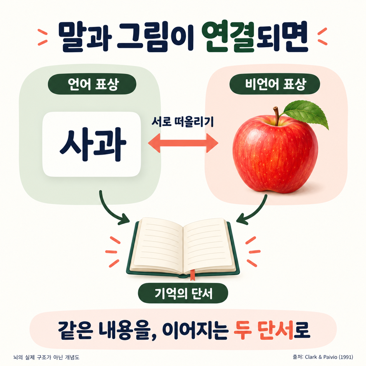 A verbal representation of the word apple and a nonverbal representation shaped like an apple are linked by a two-way arrow. A concept diagram showing that connecting the same content in words and images can become mutual retrieval cues.
