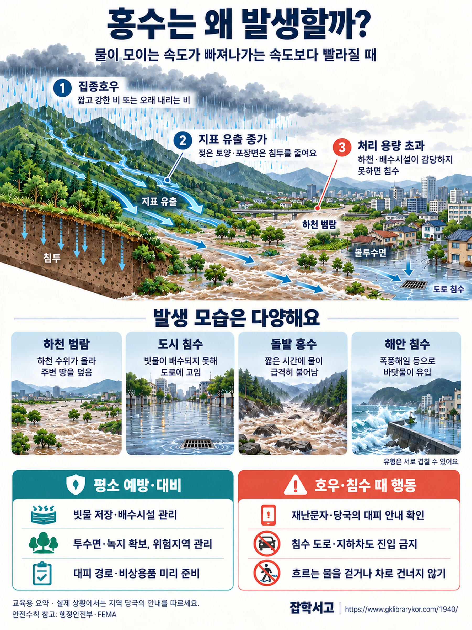 洪水発生の仕組みを示すインフォグラフィック。集中豪雨が降ると、湿った土壌や不透水面からの地表流出が増え、河川や排水施設の処理能力を超えると氾濫・浸水が起こる。山地から河川に向かう流出、地中に向かう浸透、下流へ流れる水を矢印で示している。河川氾濫、都市浸水、鉄砲水、沿岸浸水の特徴と、平常時の予防・備え、豪雨・浸水時の行動指針を区別して説明している。