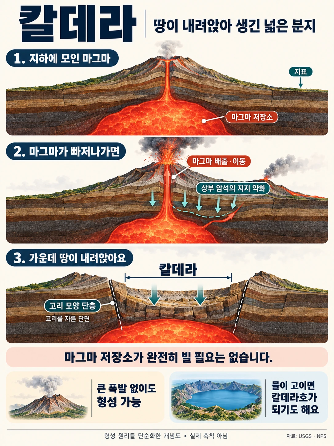 岩浆喷出和迁移使上覆岩石失去支撑,中央地表沿环形断层下陷,从而形成破火山口的三阶段剖面概念图。