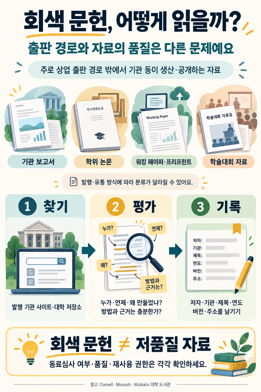 灰色文献の例として機関報告書、学位論文、ワーキングペーパーとプレプリント、学会資料を示し、機関サイトやリポジトリで探す、作成主体・日付・方法・目的を評価する、書誌情報とバージョンを記録するという三つの段階を説明する。
