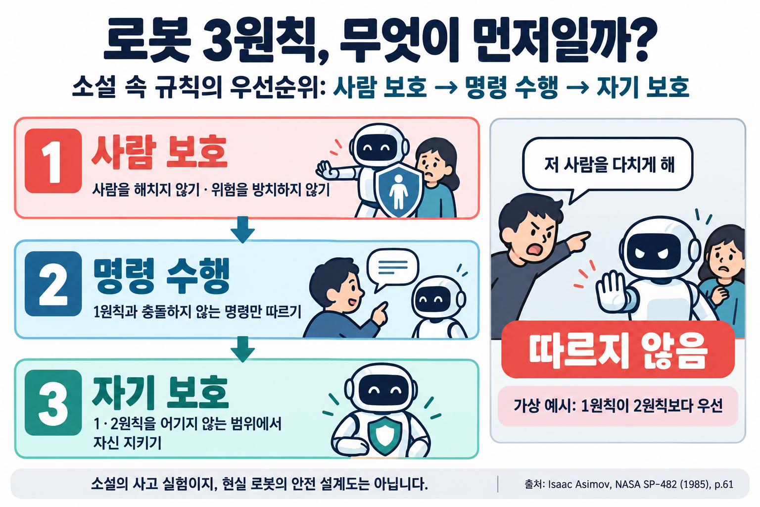 按保护人类、服从命令、自我保护的顺序展示阿西莫夫小说中的机器人三定律。服从命令仅限于不与第一定律冲突时，自我保护仅限于不违反第一、第二定律时。其中有拒绝伤害人类命令的虚构示例，并注明这并非现实机器人的安全设计图。