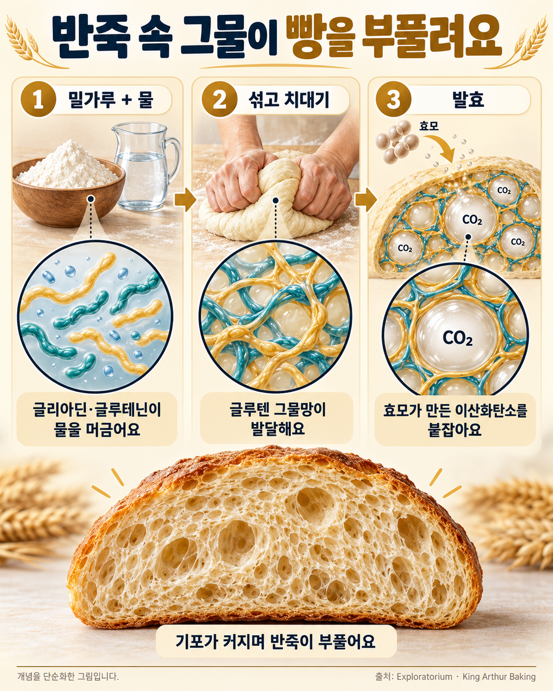 글루텐 그물망의 형성과 역할을 보여 주는 개념도. 밀가루의 글리아딘·글루테닌이 물을 머금고, 섞고 치대면 그물망이 발달하며 효모가 만든 이산화탄소 기포를 붙잡아 반죽이 부푼다.