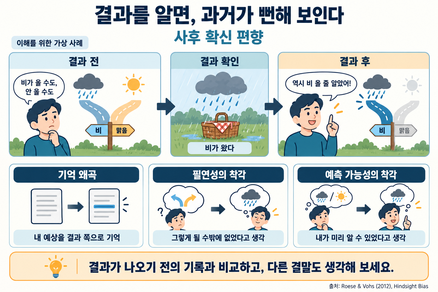 Sơ đồ giải thích thiên kiến nhận thức muộn. So sánh một tình huống giả định, trong đó một người từng nghĩ trời có thể mưa hoặc không mưa nhưng sau khi trời mưa lại tin rằng mình đã biết từ đầu, với sự bóp méo ký ức, ảo tưởng về tính tất yếu và ảo tưởng về khả năng dự đoán.