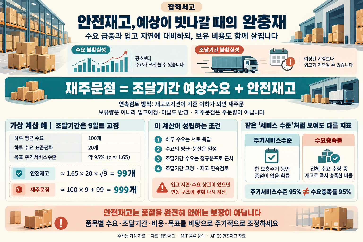 雑学書庫の安全在庫インフォグラフィック。需要の不確実性と調達期間の不確実性に備える緩衝在庫を説明している。発注点は調達期間中の予想需要と安全在庫の合計であり、連続見直し方式では在庫ポジションが基準以下になると再発注する。手持ち在庫だけでなく入荷予定と未納分も反映し、発注点は発注量ではない。架空の例では、日平均需要100個、日次需要の標準偏差20個、固定調達期間9日、目標サイクルサービス水準約95%のとき、安全在庫は1.65掛ける20掛けるルート9で99個、発注点は999個となる。日々の需要が独立していること、平均と分散が一定であること、調達期間中の需要を正規分布で近似できること、調達期間が固定されていること、連続見直し方式であることを条件として明示している。サイクルサービス水準は補充サイクル中に品切れが起きない確率、需要充足率は需要数量のうち在庫から即座に満たせた割合である。あらゆる品切れを防ぐ保証はなく、品目ごとの条件に合わせて調整する必要がある。