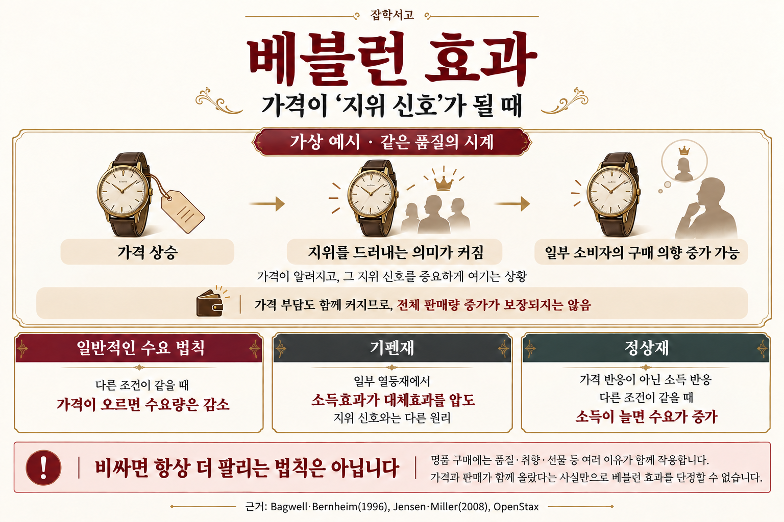 베블런 효과를 설명한 잡학서고 인포그래픽. 같은 품질의 시계라는 가상 예시에서 가격 상승이 지위 신호를 중요하게 여기는 일부 소비자의 구매 의향을 높일 수 있지만, 가격 부담도 커져 전체 판매량 증가가 보장되지는 않는다고 설명한다. 일반적인 수요 법칙, 일부 열등재의 소득효과가 대체효과를 압도하는 기펜재, 소득 증가에 따라 수요가 증가하는 정상재를 구분한다. 명품 소비에는 다양한 이유가 있으며 가격과 판매의 동반 상승만으로 베블런 효과를 단정할 수 없다고 명시한다.