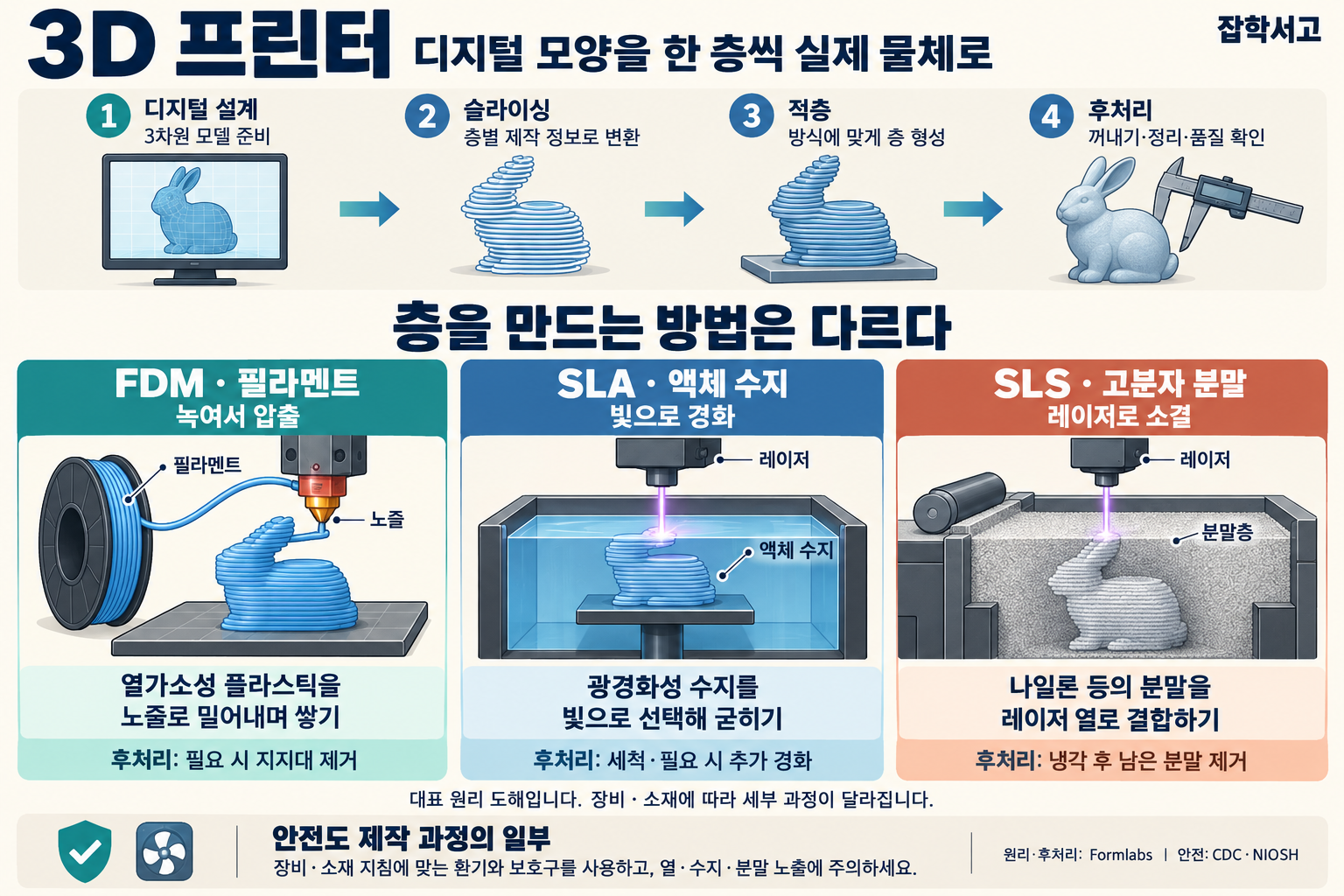 3Dプリンターに共通する製作工程と、三つの積層方式を比較した雑学書庫のインフォグラフィック。デジタル設計、スライシング、積層、後処理の順に矢印がつながっている。FDMは熱可塑性フィラメントを溶かし、ノズルから押し出す。SLAの代表的な模式図では、液体の光硬化性樹脂の表面をレーザーで選択的に硬化させる。SLSはナイロンなどの高分子粉末の層にレーザーで熱を加え、粒子を結合させる。方式ごとの後処理は、サポートの除去、洗浄と必要に応じた追加硬化、冷却後に残った粉末の除去と異なる。装置と材料ごとの指針に従った換気・保護具の使用と、熱・樹脂・粉末への曝露に関する注意を案内している。