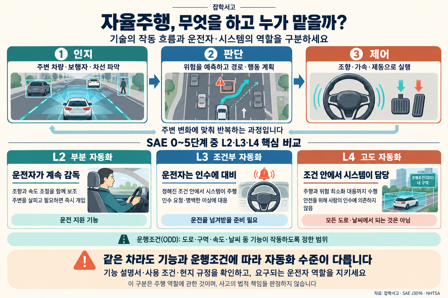 雑学書庫の自動運転インフォグラフィック。周囲の車両・歩行者・車線を認識し、危険を予測して経路や行動を判断した後、操舵・加速・制動によって制御する過程を繰り返す。SAEの0～5段階のうち、L2・L3・L4を比較する。L2は操舵と速度の両方を支援するが、運転者が常に監視し、必要な場合は直ちに介入しなければならない。L3は定められた条件下でシステムが運転し、運転者は運転の引き継ぎ要求や明らかな異常に対応できるよう備えなければならない。L4は条件の範囲内で、システムが運転からリスクを最小限に抑える対応まで担い、安全確保のために人による運転の引き継ぎに依存しないが、すべての道路や天候で作動するわけではない。運行条件ODDとは、道路・区域・速度・天候などについて定められた範囲を指す。機能の説明書、使用条件、現地の規則を守り、求められる役割を果たさなければならず、この区分は事故の法的責任を判定するものではない。
