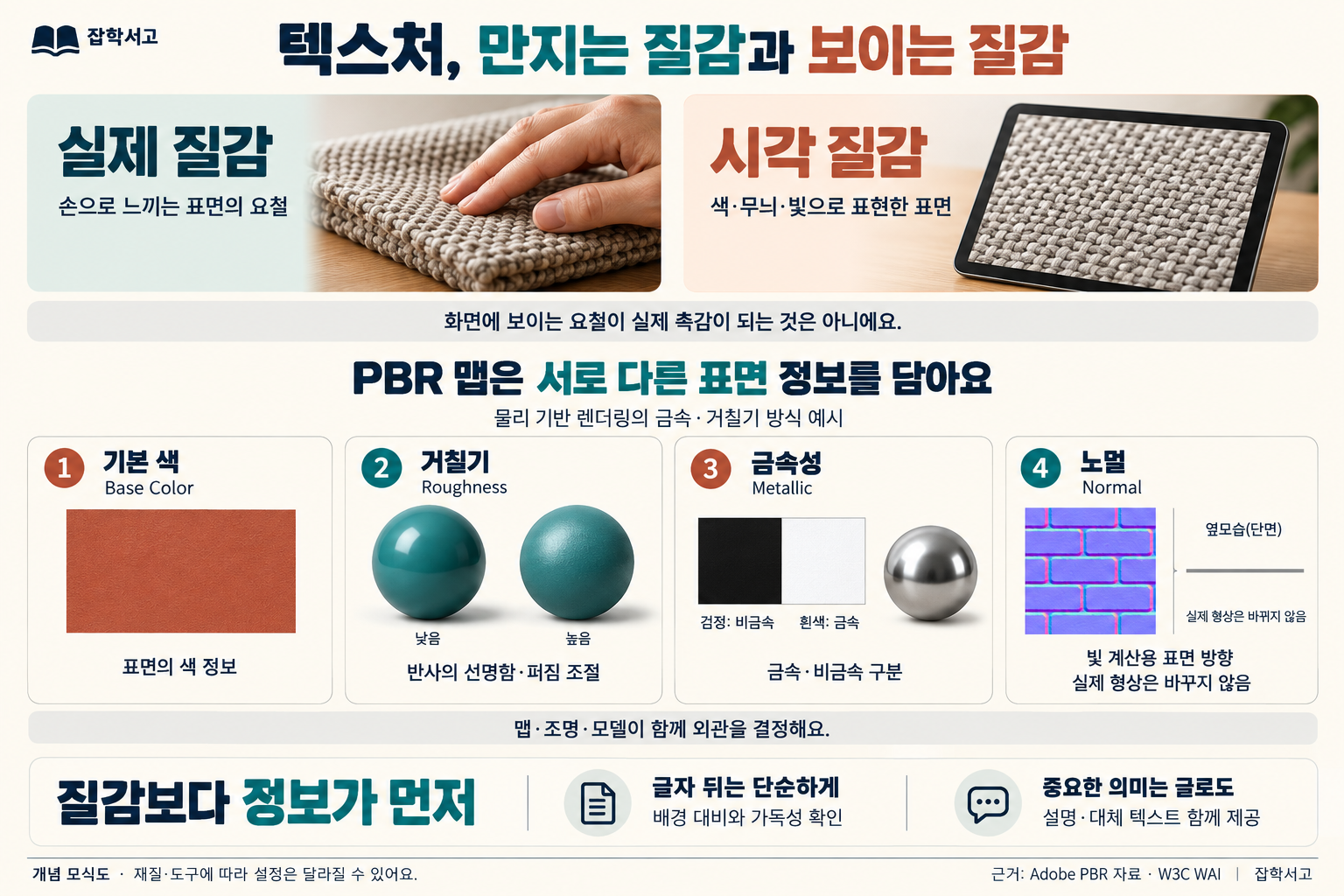 テクスチャの実際の質感と視覚的な質感、PBRマップを比較するインフォグラフィック。手織りの布に触れる写真は実際の表面の凹凸を、タブレット内の布の写真は色・模様・光で表現した視覚的な質感を示している。画面上の凹凸は実際の触感ではない。メタリック・ラフネス方式のPBRの例では、ベースカラーは表面の色情報、ラフネスは反射の鮮明さと広がり、メタリックは金属と非金属の区別、ノーマルは光の計算に用いる表面の向きを収めている。ラフネスが低い球の反射は鮮明で、高い球の反射は広がって見えるが、両方の球の輪郭は同じである。メタリックマップでは、黒が非金属、白が金属を表す。ノーマルマップの横にある直線の断面は、実際の形状を変えないことを意味する。マップ・照明・モデルが一体となって外観を決める。文字の背後はシンプルにし、背景とのコントラストと読みやすさを確認するとともに、重要な意味は説明と代替テキストでも提供する。雑学書庫。