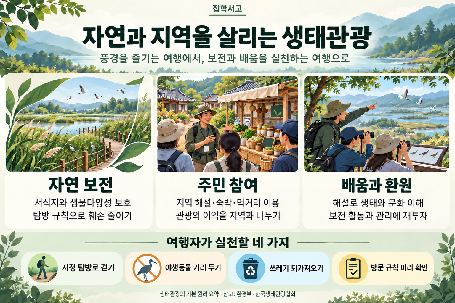自然と地域を守るエコツーリズムのインフォグラフィック。自然保全、住民参加、学びと還元という三つの原則と、指定された散策路を歩く、野生動物と距離を保つ、ごみを持ち帰る、訪問時のルールを事前に確認するという四つの旅行中の実践を説明している。