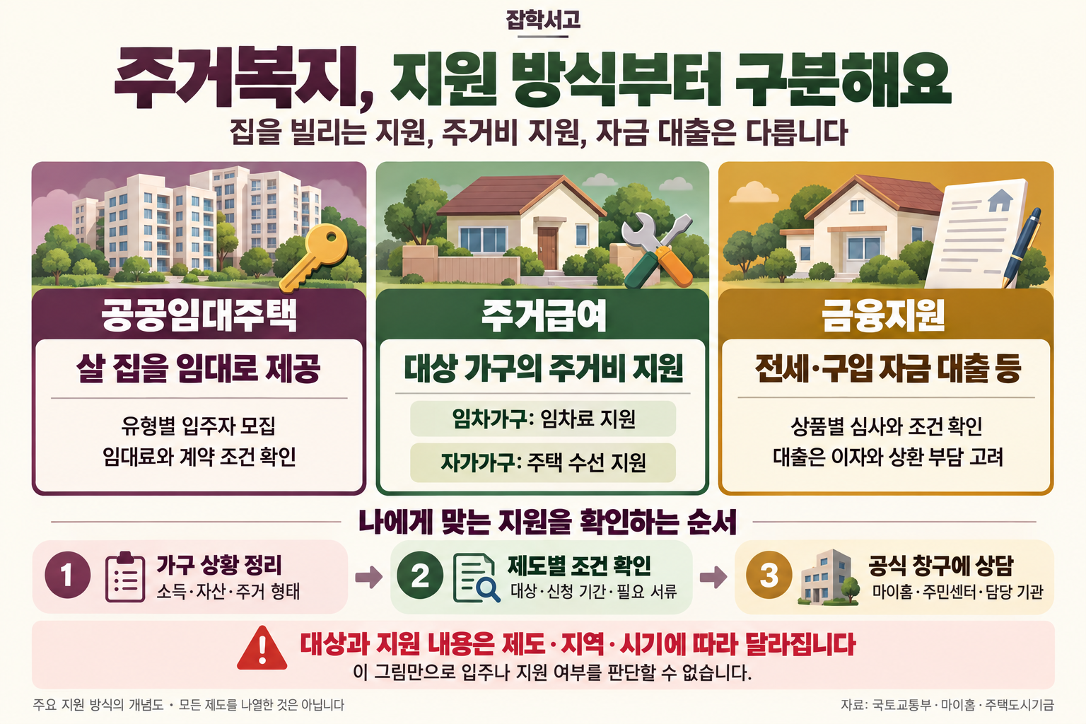 公共賃貸住宅、住居給付、金融支援の違いを比較した居住福祉のインフォグラフィック。公共賃貸は賃貸方式で住まいを提供し、住居給付は対象となる賃貸世帯の家賃と持ち家世帯の住宅修繕を支援する。金融支援にはチョンセの保証金や住宅購入資金の融資などがあり、利息と返済の負担を考慮する必要がある。世帯の状況、制度ごとの条件、公式窓口での相談の順に確認するよう案内している。