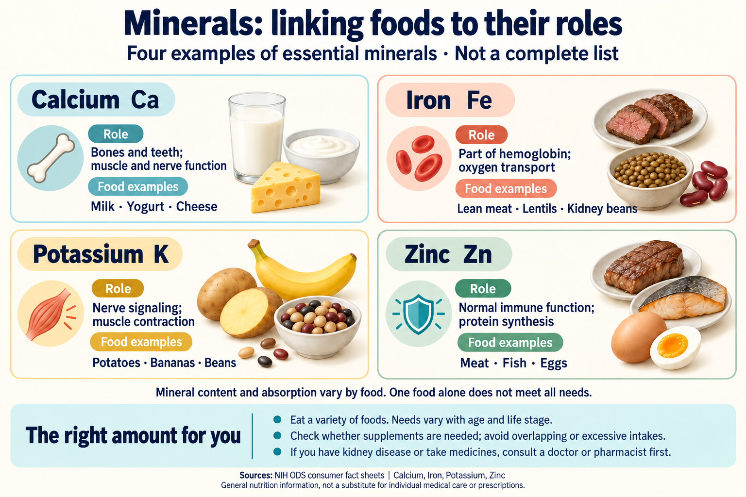 An infographic linking the roles of four essential minerals—calcium, iron, potassium and zinc—to example food sources. Calcium supports bones, teeth, muscles and nerves; iron forms part of hemoglobin for oxygen transport; potassium supports nerve signaling and muscle contraction; zinc supports normal immune function and protein synthesis. The bottom section explains appropriate intake and cautions about excess supplements.