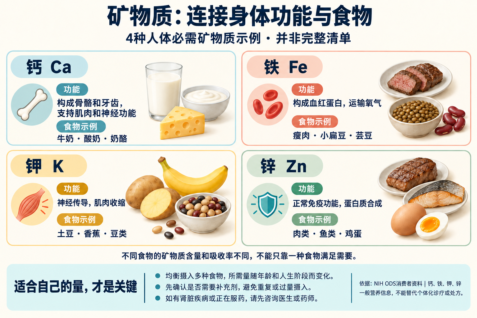 说明钙、铁、钾、锌这4种人体必需矿物质的功能及食物来源示例。钙参与骨骼和牙齿构成并支持肌肉和神经功能;铁参与血红蛋白构成和氧气运输;钾参与神经传导和肌肉收缩;锌参与正常免疫功能和蛋白质合成。下方提示适量摄入及避免补充剂过量。