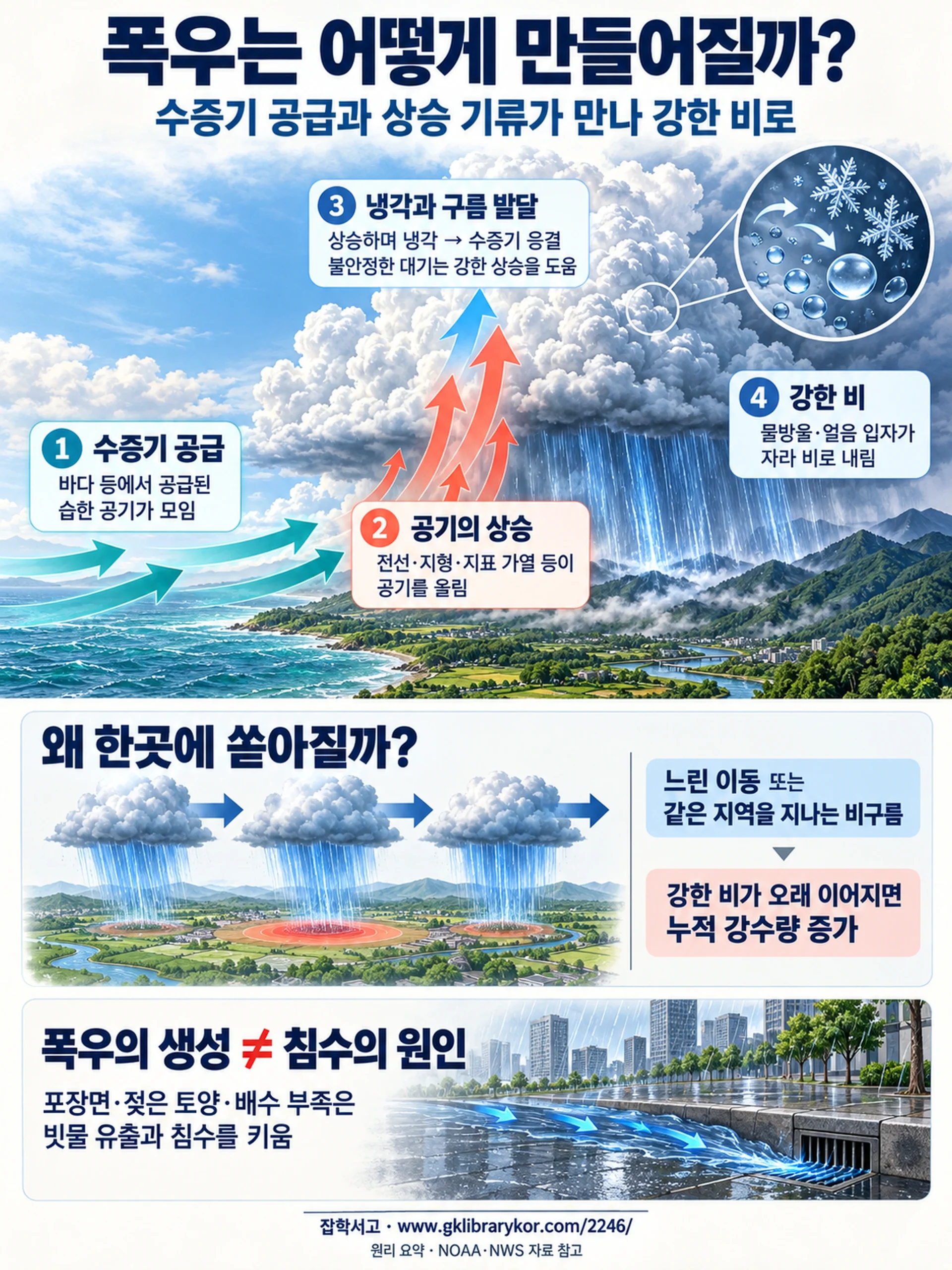 豪雨が発生する過程を説明したインフォグラフィック。水蒸気の供給、空気の上昇、冷却と雲の発達、水滴と氷の粒子の成長に伴う強い雨を、四つの段階で示している。雨雲の移動が遅い場合や同じ地域を繰り返し通過する場合には累積降水量が増え、舗装面や湿った土壌、排水能力の不足は雨水の流出と浸水を増大させることを、区別して説明している。