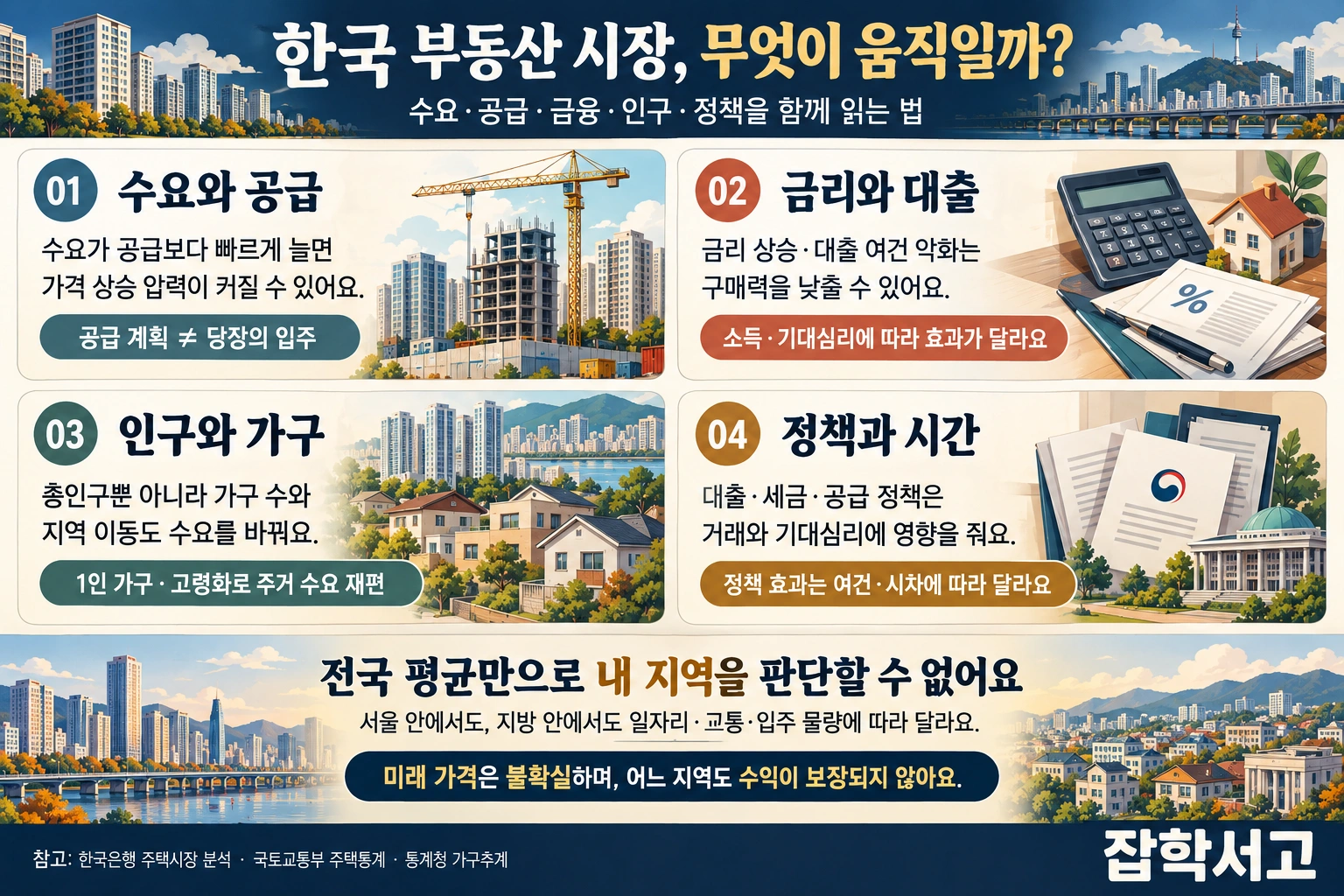 韓国の不動産市場が動く四つの経路を説明したインフォグラフィック。需要と供給、金利と融資、人口と世帯、政策と時間が、条件に応じて及ぼす影響を示している。供給計画は直近の入居とは異なること、ソウルと地方それぞれの内部でも雇用・交通・入居予定戸数によって違いがあること、将来の価格と収益は保証されないことを案内している。下部に「雑学書庫」の表記がある。