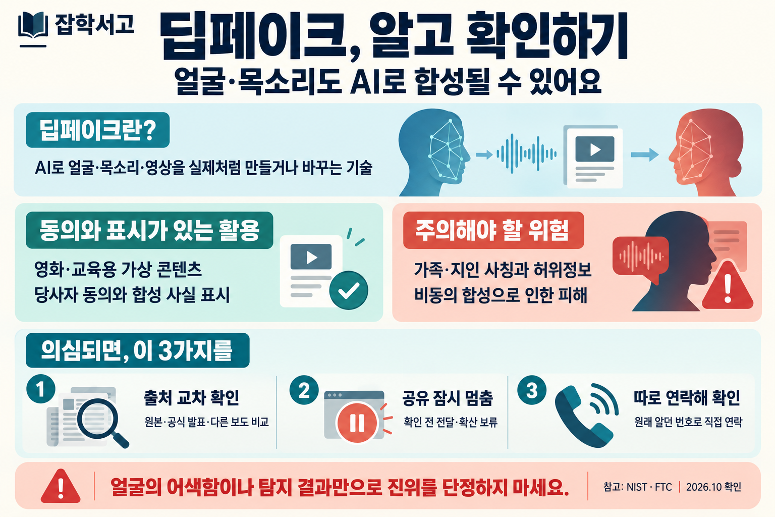 딥페이크의 개념과 안전한 대응을 정리한 잡학서고 인포그래픽. AI는 얼굴·목소리·영상을 실제처럼 만들거나 바꿀 수 있다. 영화·교육용 가상 콘텐츠는 당사자 동의와 합성 사실 표시가 중요하며, 가족·지인 사칭, 허위정보, 비동의 합성 피해에 주의해야 한다. 의심되면 원본·공식 발표·다른 보도를 비교하고, 확인 전 공유를 보류하며, 원래 알던 번호로 직접 연락한다. 얼굴의 어색함이나 탐지 결과만으로 진위를 단정하지 말아야 한다.