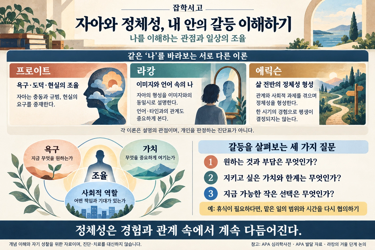 雑学書庫の自我とアイデンティティに関するインフォグラフィック。フロイトは欲求・道徳・現実の仲介に、ラカンはイメージとの同一化および言語・他者との関係に、エリクソンは生涯にわたるアイデンティティ形成に焦点を当てている。下部には、欲求・価値・社会的役割を調整する概念図と、自分が望むこと、大切な価値と限界、実行可能な小さな選択を検討する三つの問いがある。アイデンティティは経験や関係の中で絶えず磨かれていくという、診断を目的としない説明が含まれている。