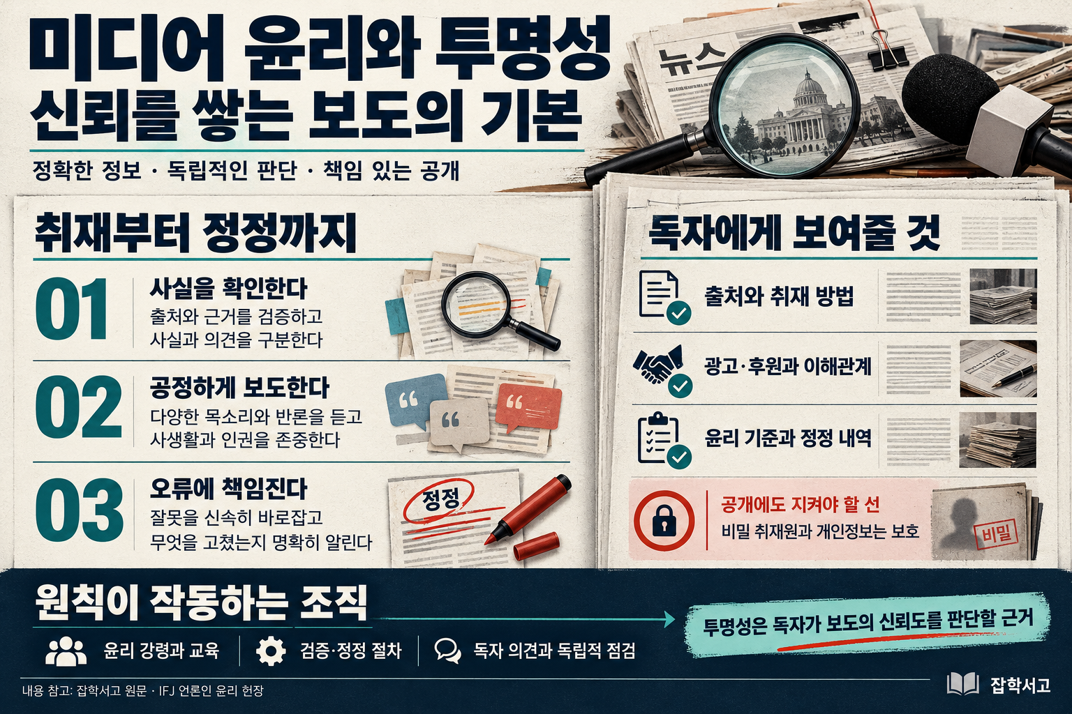 メディア倫理と透明性のインフォグラフィック。取材から訂正まで、事実と根拠を検証し、事実と意見を区別し、多様な声や反論に耳を傾け、プライバシーと人権を尊重し、誤りを迅速かつ明確に訂正する過程を示している。読者に情報源や取材方法、広告・協賛と利害関係、倫理基準と訂正履歴を公開する一方で、秘密の取材源と個人情報を保護しなければならない。組織内の倫理教育、検証・訂正の手順、読者の意見と独立した点検がこれを支える。雑学書庫。