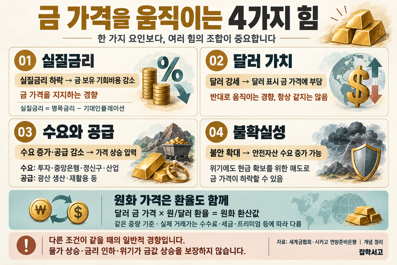金価格を動かす主な要因を説明する雑学書庫のインフォグラフィック。実質金利の低下は金を保有する機会費用を減らし、価格を下支えする傾向がある。ドル高はドル建て金価格の重荷となる可能性があるが、常に逆方向に動くわけではない。需要の増加や供給の減少は、他の条件が同じなら価格の上昇圧力となる。金の需要には投資・中央銀行・宝飾品・産業用途があり、供給には鉱山生産・リサイクルなどがある。不確実性は安全資産への需要を増やす可能性があるが、危機の際にも現金確保のための売却によって金価格が下落することがある。同じ重量のドル建て金価格にウォンの対ドル為替レートを掛けるとウォン換算額となり、実際の取引価格は手数料・税金・プレミアムなどによって異なる。物価上昇・利下げ・危機が金価格の上昇を保証するわけではないという注意書きがある。