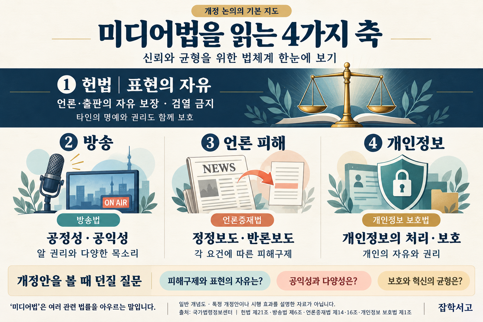 メディア法を読み解く4つの軸を説明したGK Libraryのインフォグラフィック。上部の憲法の領域では、言論・出版の自由と検閲の禁止、他者の名誉と権利の保護を併せて示している。その下の各領域では、放送法における公正性・公益性と知る権利・多様な声、言論仲裁法における訂正報道・反論報道とそれぞれの要件に応じた被害救済、個人情報保護法における個人情報の取扱い・保護と個人の自由・権利を説明している。下部には、改正案を検討する際の問いとして、被害救済と表現の自由、公益性と多様性、保護とイノベーションの均衡を示している。メディア法は複数の関連法を総称する言葉であり、特定の改正案や施行の効果を説明するものではなく、一般的な概念図であることを明記している。