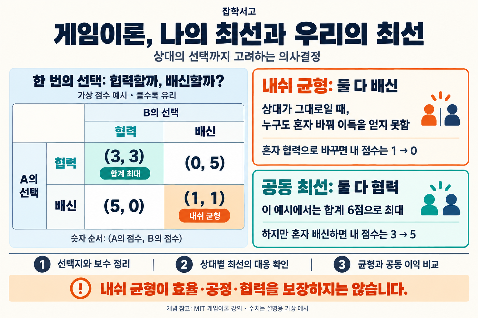 게임이론의 내쉬 균형과 공동 최선을 비교한 인포그래픽. A가 행, B가 열을 선택하며 숫자 순서는 A 점수, B 점수다. 둘 다 협력하면 (3, 3), A만 협력하면 (0, 5), B만 협력하면 (5, 0), 둘 다 배신하면 (1, 1)이다. 둘 다 배신한 상태에서는 혼자 협력으로 바꿀 때 자기 점수가 1에서 0으로 줄어 내쉬 균형이다. 둘 다 협력하면 합계 6점으로 최대지만 혼자 배신하면 자기 점수가 3에서 5로 늘어난다. 내쉬 균형이 효율·공정·협력을 보장하지 않는다는 주의와 선택지·보수 정리, 상대별 최선 대응 확인, 균형·공동 이익 비교의 분석 순서를 제시한다.