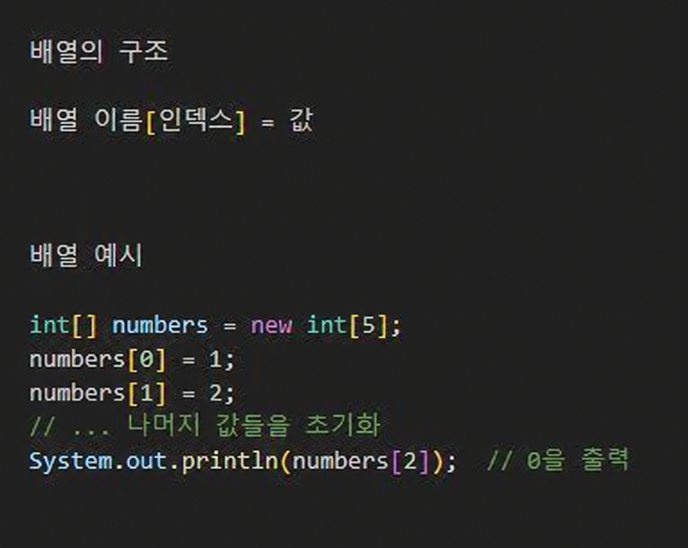 Cấu trúc và ví dụ về mảng trong Java. Tạo một mảng int có độ dài 5, gán 1 cho numbers[0] và 2 cho numbers[1]. Giá trị mặc định của numbers[2], phần tử chưa được gán giá trị riêng, là 0 nên kết quả đầu ra là 0.