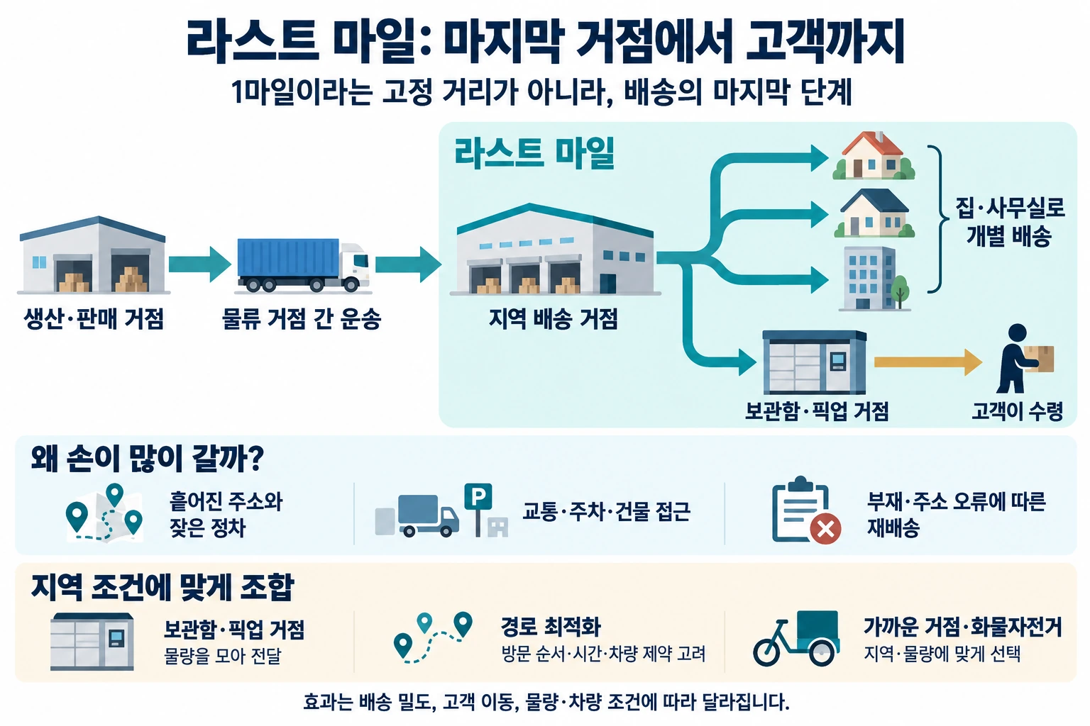 A diagram summarizing the flow from production and sales hubs through inter-hub transport to a local delivery hub, then either to two homes and an office or to lockers and pick-up points for customer collection, along with delivery difficulties and improvement methods