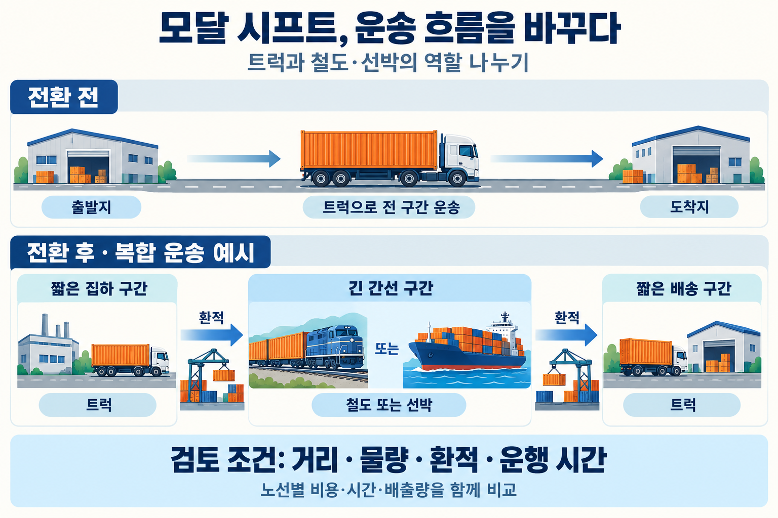 모달 시프트 전후 흐름도. 전환 전에는 트럭이 전 구간을 운송한다. 복합 운송 예시에서는 트럭이 짧은 집하를 맡고, 환적 후 철도 또는 선박이 긴 간선을 운송하며, 다시 환적해 트럭으로 최종 배송한다. 거리·물량·환적·운행 시간을 검토한다.