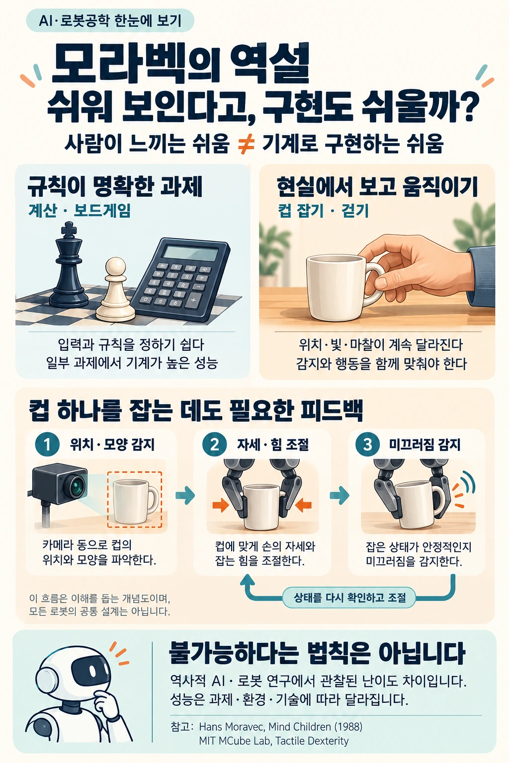 모라벡의 역설 설명도식. 규칙이 명확한 계산·보드게임과 변화하는 현실에서의 감지·행동을 대비하고, 컵 잡기를 위치·모양 감지, 자세·힘 조절, 미끄러짐 감지 후 재조절의 피드백으로 설명한다. 이는 역사적 관찰이며 성능은 과제·환경·기술에 따라 달라진다.
