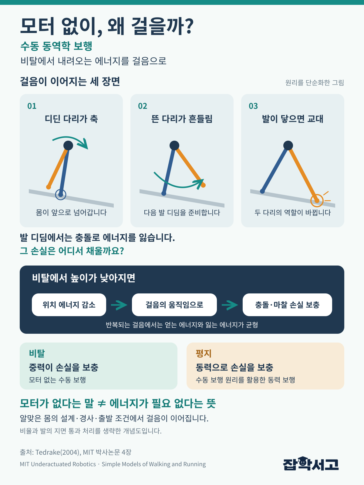 완만한 비탈에서 디딘 다리를 축으로 몸이 넘어가고, 뜬 다리가 앞으로 흔들린 뒤 발이 닿으면 두 다리의 역할이 바뀌는 수동 동역학 보행의 설명도. 내려가며 감소하는 위치 에너지가 충돌과 마찰 손실을 보충하며, 평지에서는 동력이 필요하다.