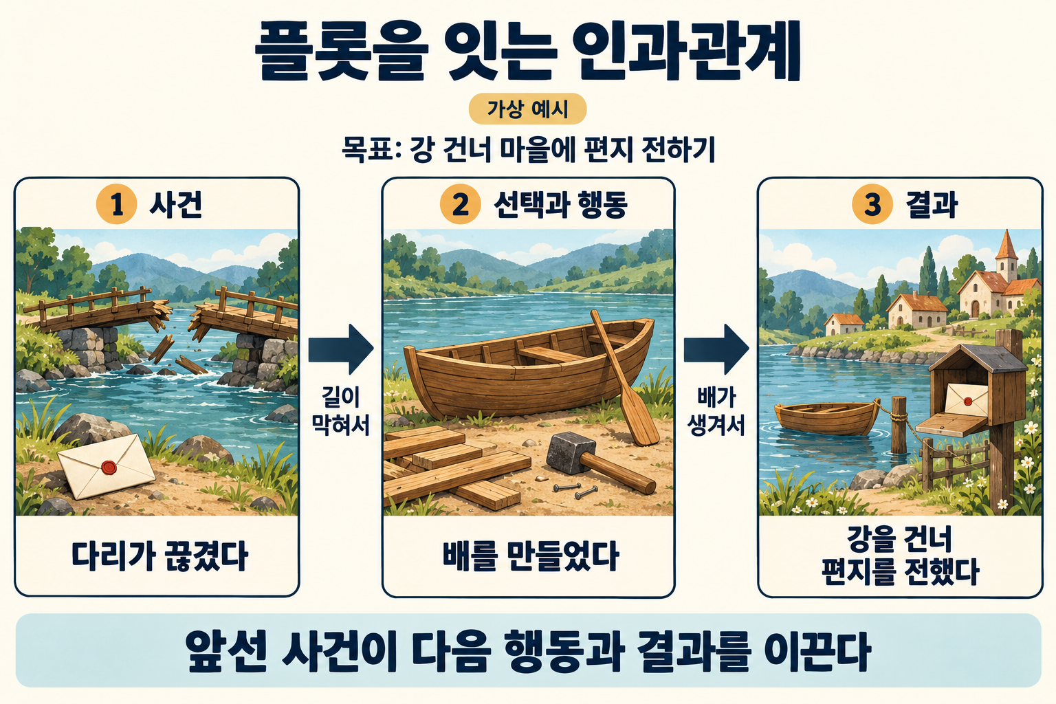 Ví dụ giả định minh họa quan hệ nhân quả trong cốt truyện. Một người định chuyển thư đến ngôi làng bên kia sông, nhưng cầu đã đứt nên đóng thuyền, rồi dùng thuyền vượt sông để giao thư. Sự kiện, lựa chọn và hành động, cùng kết quả được nối với nhau bằng hai mũi tên hướng sang phải.