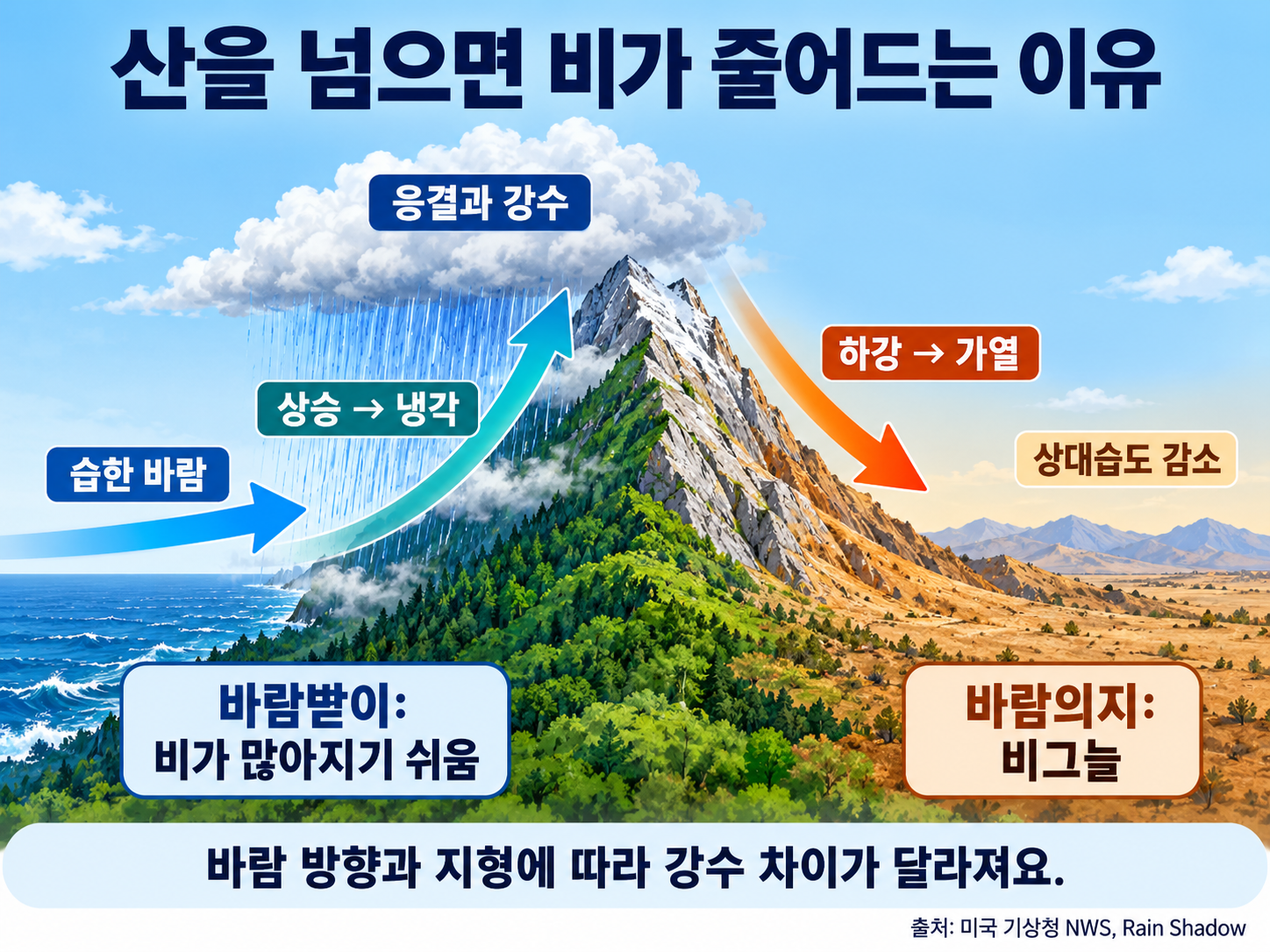 左側の海から来た湿った風が山の風上斜面で上昇し、冷却・凝結・降水を生じさせた後、右側の風下斜面へ下降しながら暖まり、相対湿度が下がる雨陰効果の概念図。風向は左から右で、降水の差は地形と風向によって変わる。