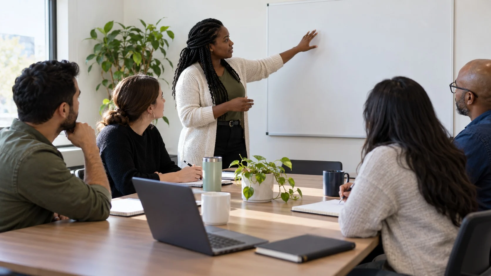 회의실에서 사회복지 전문가 몇 명이 빈 화이트보드 앞에서 진지하게 토론하고, 탁자에 공책과 커피잔이 놓인 모습