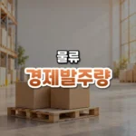 경제발주량 썸네일: 밝은 창고 구석 아래쪽에 팔레트와 상자가 있고 주황빛이 감도는 가운데·위로 글자를 올릴 여백이 넓은 모습