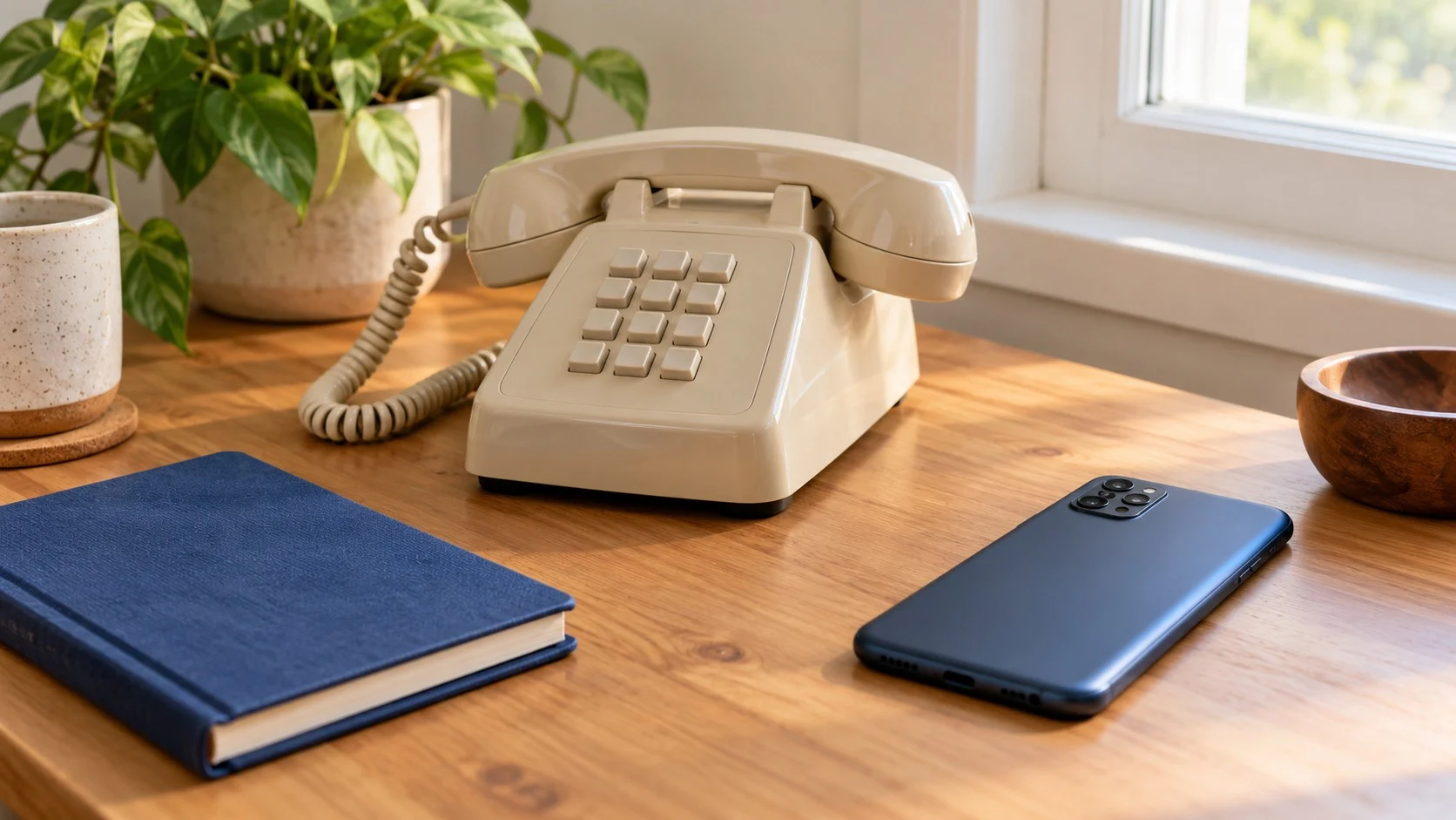 밝은 나무 책상 위에 유선 전화기와 화면이 꺼진 스마트폰이 나란히 놓인 통신 네트워크 장면