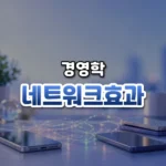 네트워크효과 썸네일: 밝은 남보라빛 책상 아래쪽에 스마트폰과 연결선이 있고 가운데·위로 글자를 올릴 여백이 넓은 모습