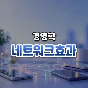 네트워크효과 썸네일: 밝은 남보라빛 책상 아래쪽에 스마트폰과 연결선이 있고 가운데·위로 글자를 올릴 여백이 넓은 모습