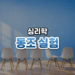 동조 실험 썸네일: 화면 아래쪽 밝은 나무 바닥에 똑같은 흰 의자들이 한 줄로 놓여 있고 그중 하나만 다른 방향을 향하며, 푸른빛이 위로 번져 가운데·위쪽에 글자를 올릴 여백이 있는 모습