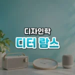 디터 람스 썸네일: 화면 아래쪽에 단순한 모양의 라디오와 시계, 스피커가 가지런히 놓여 있고 위로 청록빛이 번져 가운데·위쪽에 글자를 올릴 여백이 있는 모습