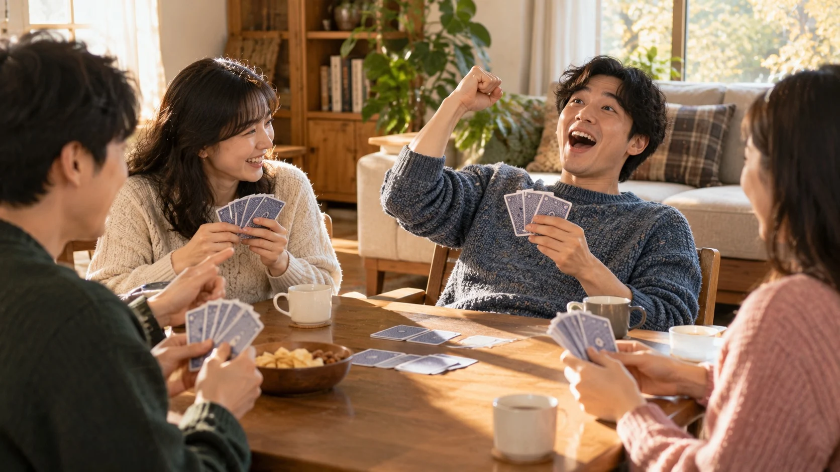 밝은 거실 카드 탁자에서 네 친구가 카드 게임을 하고, 한 사람이 뜻밖의 패에 놀라 주먹을 치켜들며 환호하는 모습