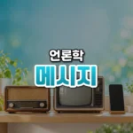 메시지 썸네일: 화면 아래쪽 밝은 나무 선반에 옛날 라디오, 작은 텔레비전, 스마트폰이 놓이고 청록빛이 위로 번져 가운데·위쪽에 글자를 올릴 여백이 있는 모습