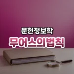 무어스의 법칙 썸네일: 화면 아래쪽 밝은 책상에 닫힌 서류철과 작은 돋보기가 놓이고 진분홍 빛이 위로 번져 가운데·위쪽에 글자를 올릴 여백이 있는 모습