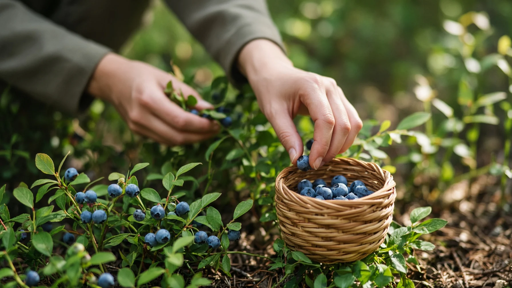 햇살 드는 숲에서 손끝으로 블루베리를 한 알씩 골라 작은 바구니에 담는 모습