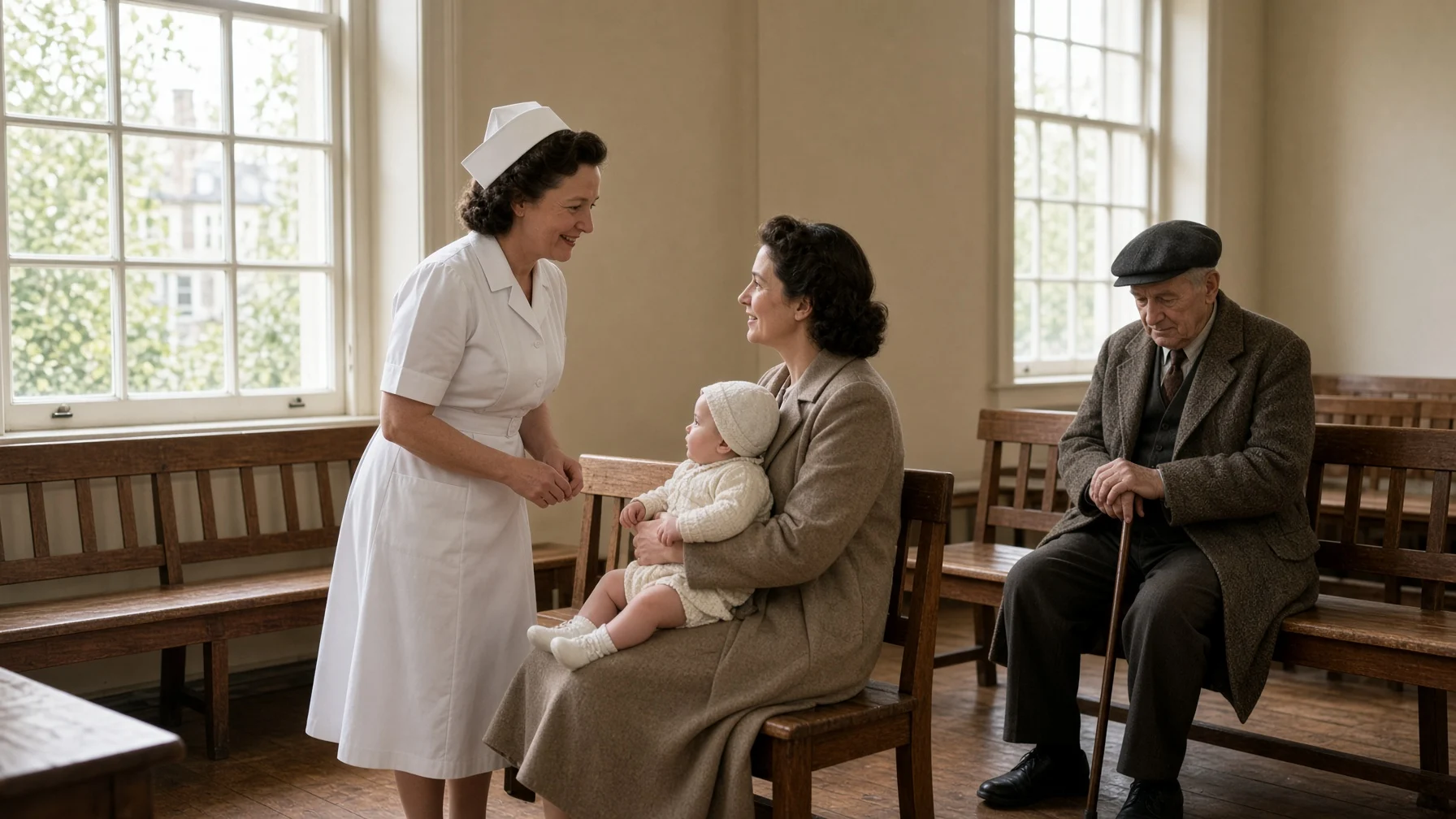 1940년대 말 영국의 밝은 공공 진료소 대기실에서 흰 제복의 간호사가 아기를 안은 엄마를 반갑게 맞이하고, 지팡이를 든 노인이 나무 의자에서 기다리는 모습